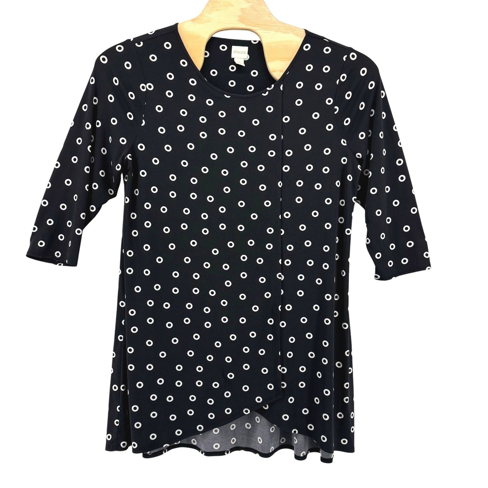 Chico's Black White Circle Print Crossover Tulip Hem 3/4 Sleeve Top Size 3 (XL)